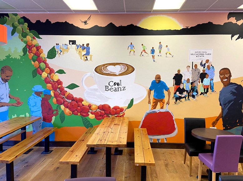 Coffee shop mural by a Colchester mural artist